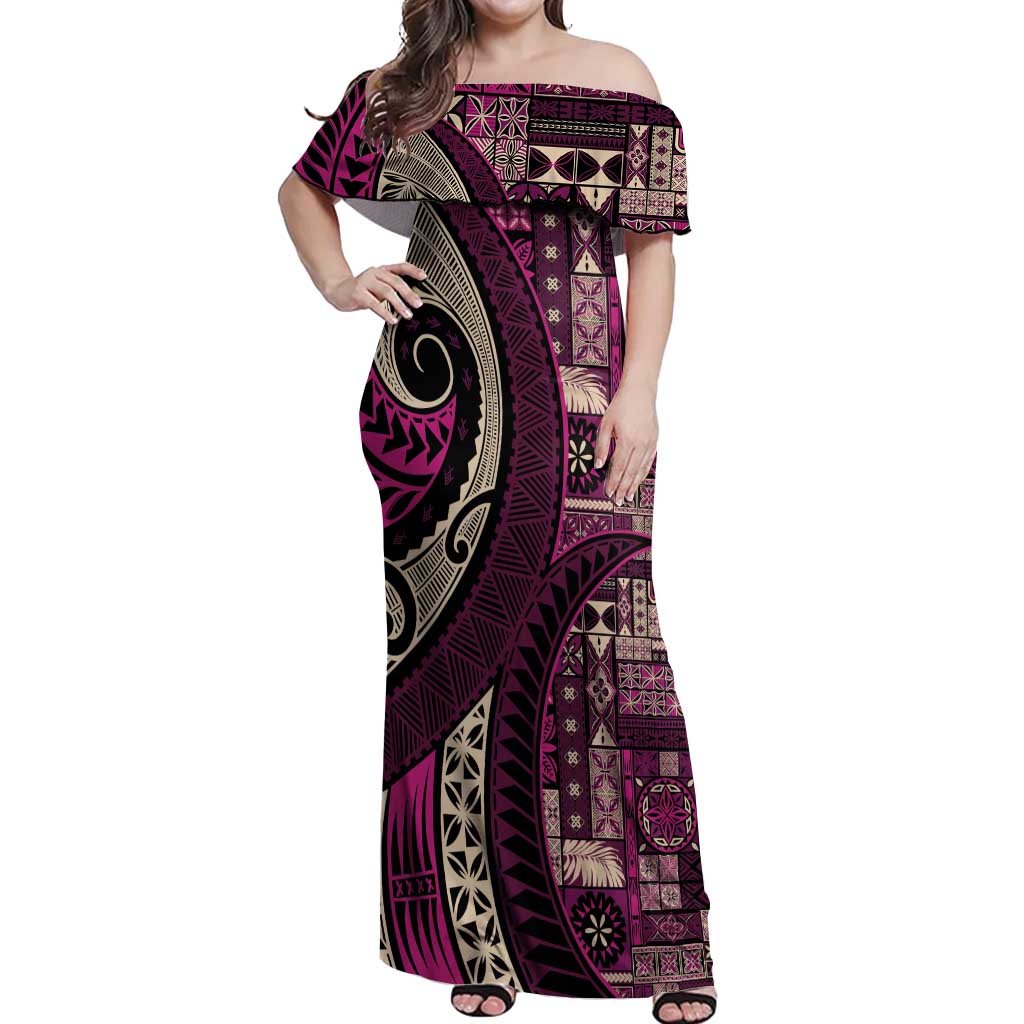 Vintage Samoa Siapo Mamanu Off Shoulder Maxi Dress Pink Samoan Tapa Motif - Polynesian Pride