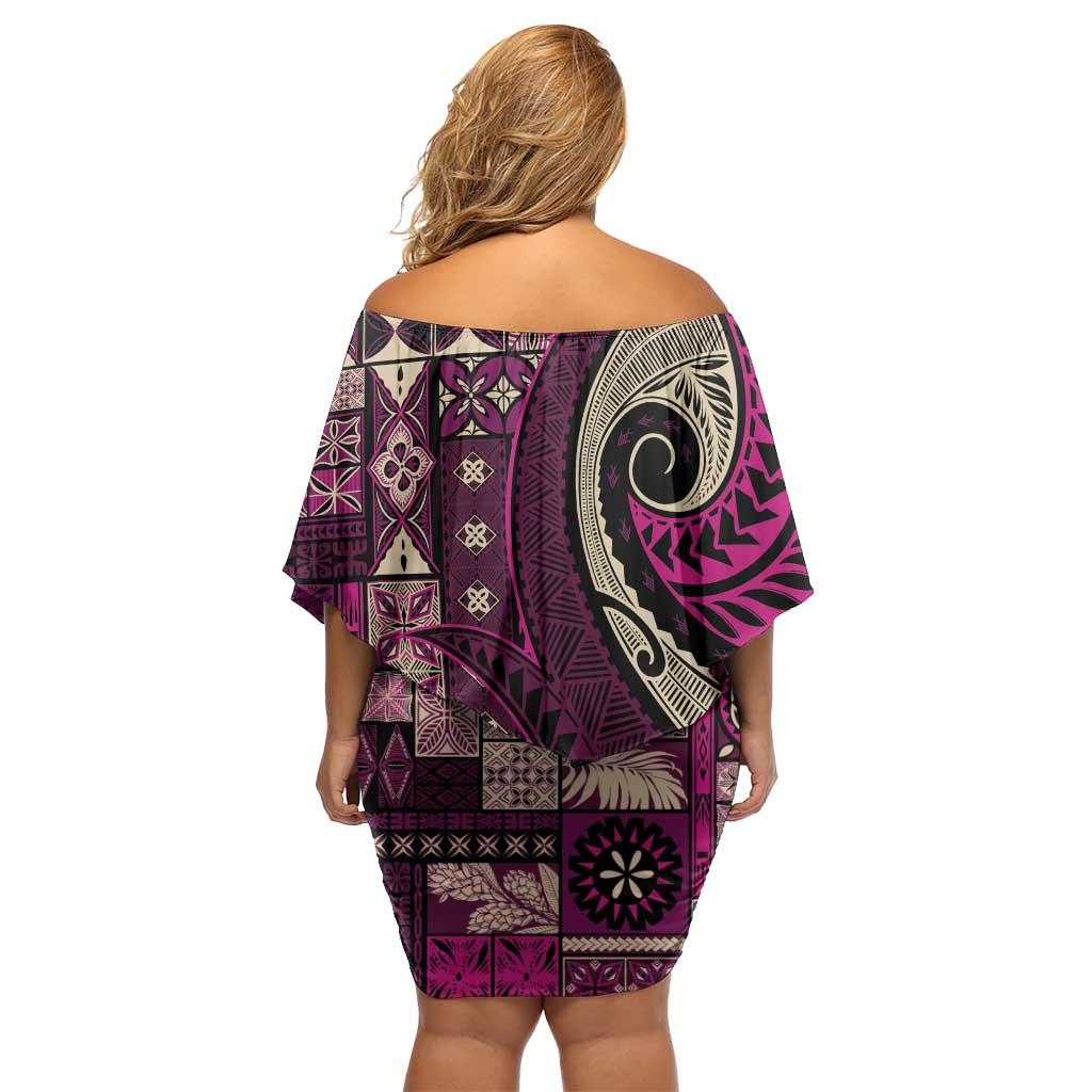 Vintage Samoa Siapo Mamanu Off Shoulder Short Dress Pink Samoan Tapa Motif - Polynesian Pride