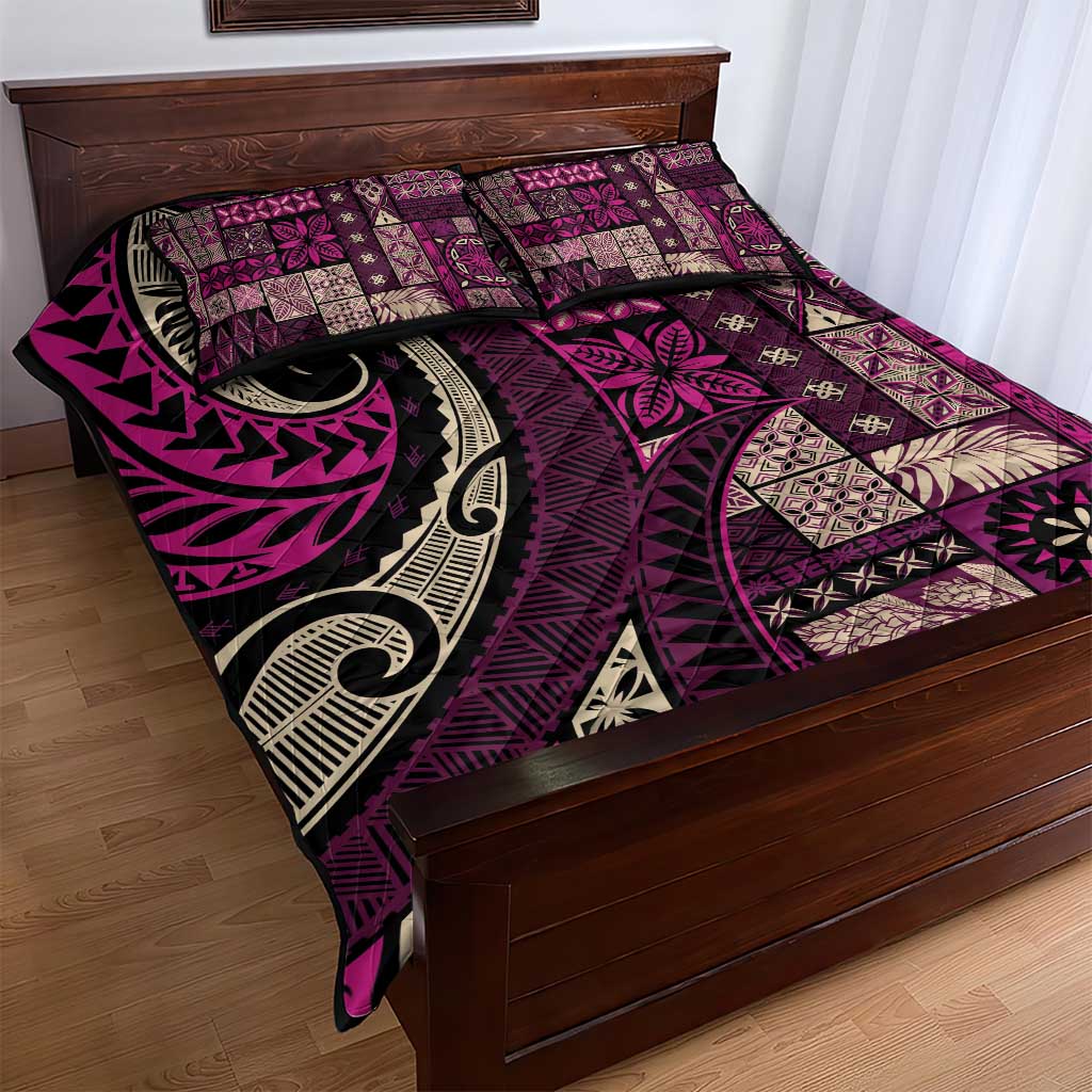 Vintage Samoa Siapo Mamanu Quilt Bed Set Pink Samoan Tapa Motif - Polynesian Pride