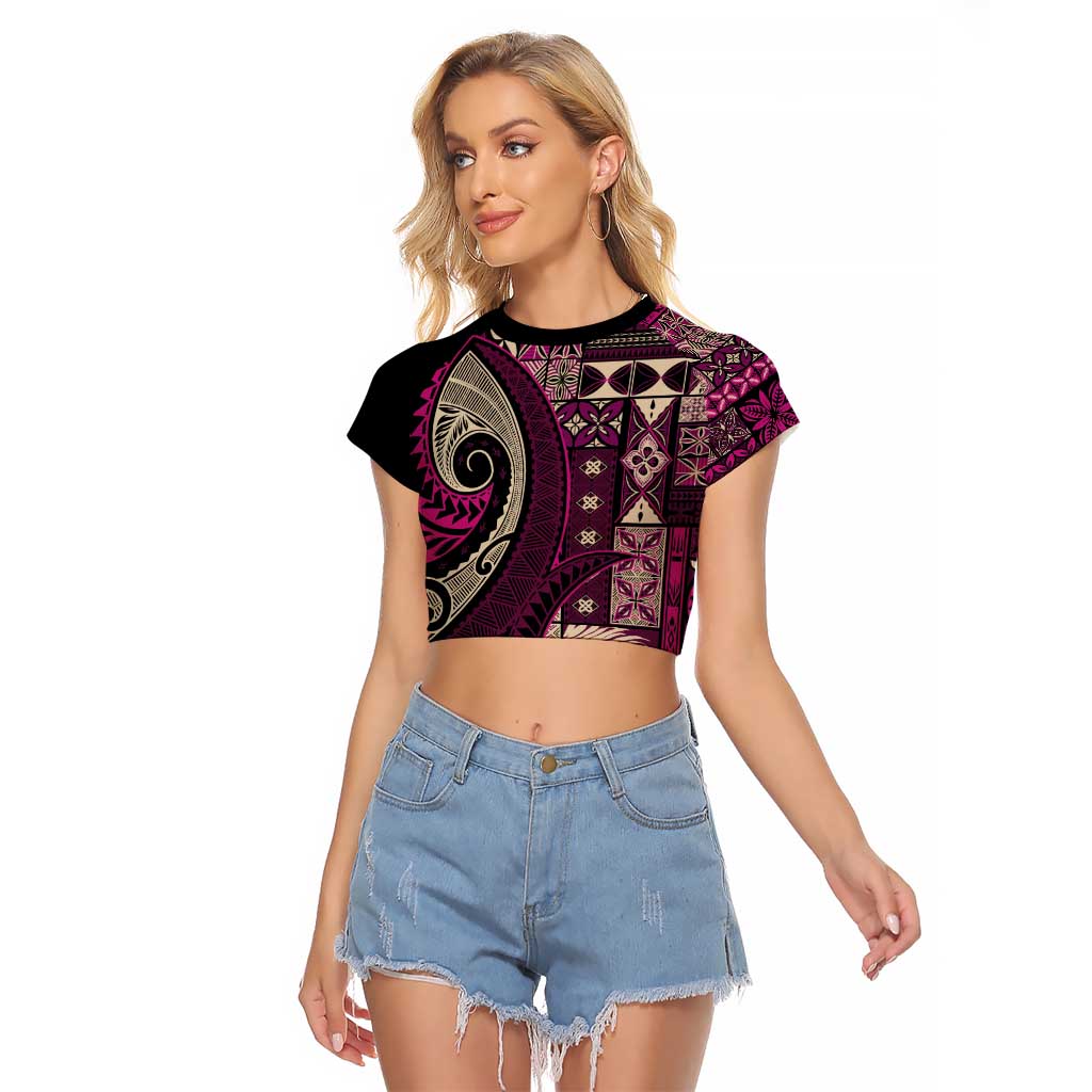 Vintage Samoa Siapo Mamanu Raglan Cropped T Shirt Pink Samoan Tapa Motif - Polynesian Pride