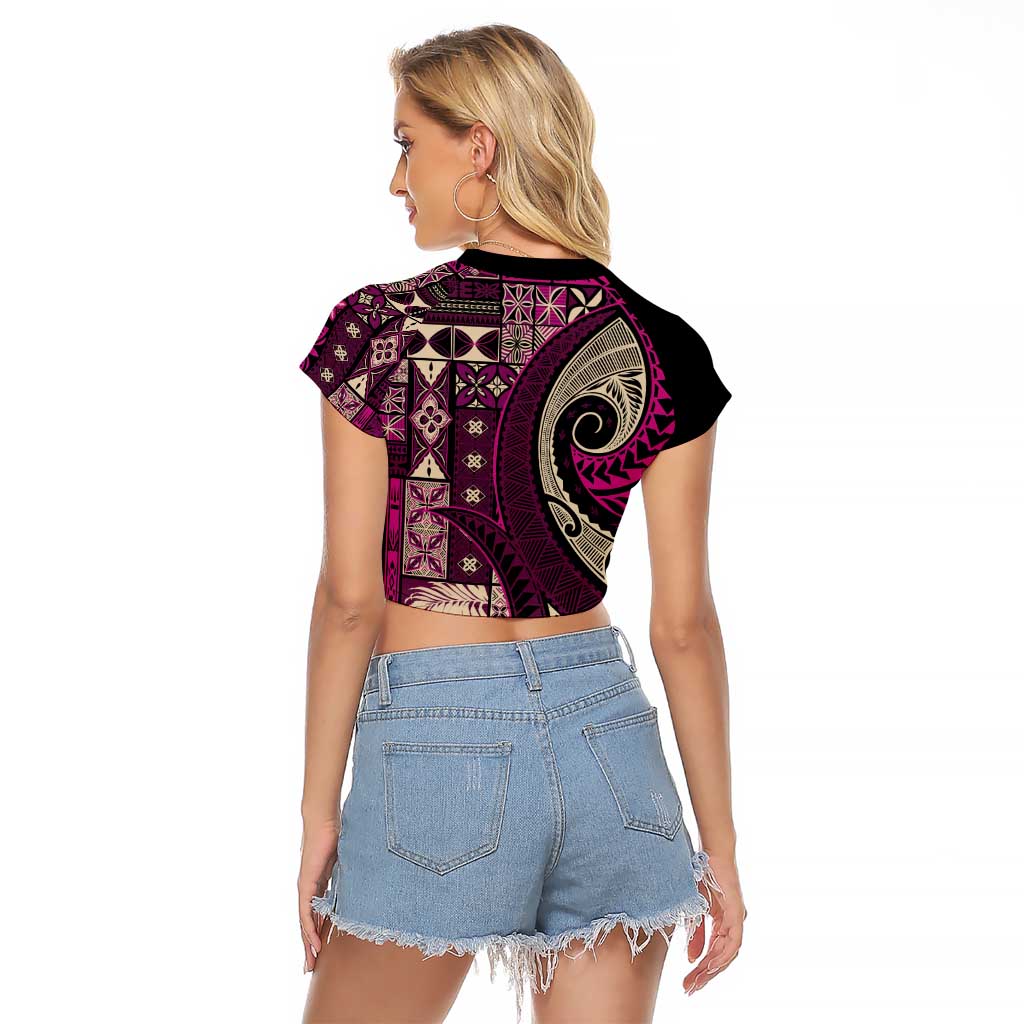 Vintage Samoa Siapo Mamanu Raglan Cropped T Shirt Pink Samoan Tapa Motif - Polynesian Pride