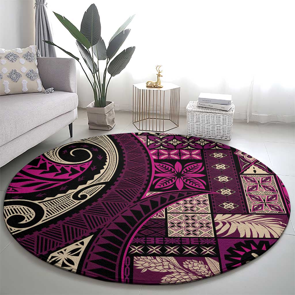 Vintage Samoa Siapo Mamanu Round Carpet Pink Samoan Tapa Motif - Polynesian Pride