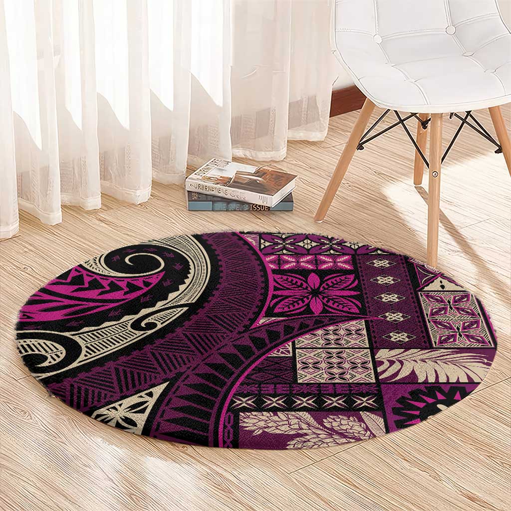 Vintage Samoa Siapo Mamanu Round Carpet Pink Samoan Tapa Motif - Polynesian Pride