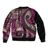 Vintage Samoa Siapo Mamanu Sleeve Zip Bomber Jacket Pink Samoan Tapa Motif - Polynesian Pride