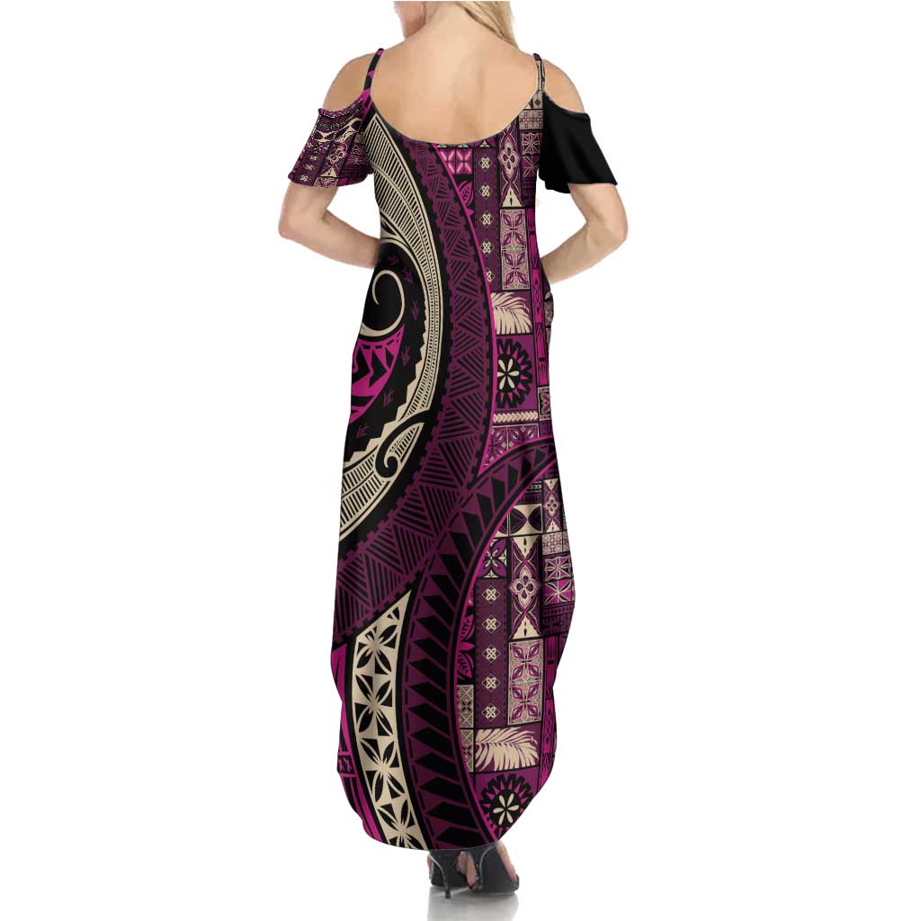Vintage Samoa Siapo Mamanu Summer Maxi Dress Pink Samoan Tapa Motif - Polynesian Pride