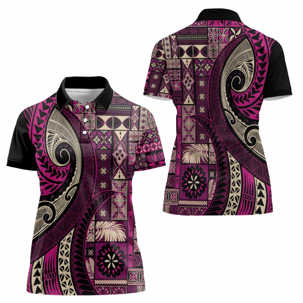 Vintage Samoa Siapo Mamanu Women Polo Shirt Pink Samoan Tapa Motif - Polynesian Pride