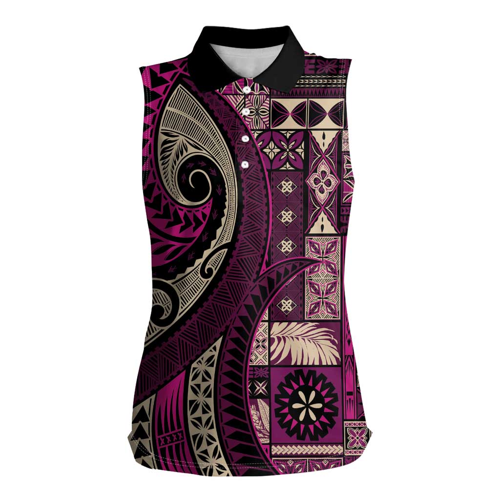 Vintage Samoa Siapo Mamanu Women Sleeveless Polo Shirt Pink Samoan Tapa Motif - Polynesian Pride