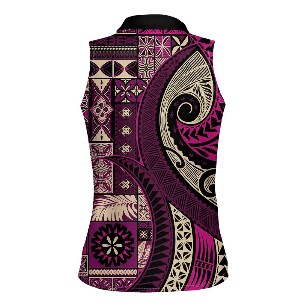 Vintage Samoa Siapo Mamanu Women Sleeveless Polo Shirt Pink Samoan Tapa Motif LT9 - Polynesian Pride