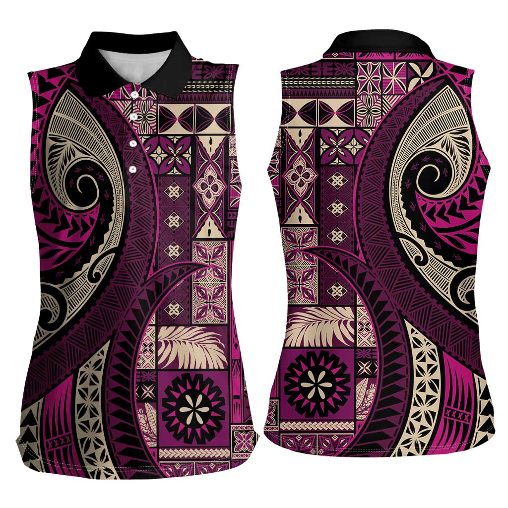 Vintage Samoa Siapo Mamanu Women Sleeveless Polo Shirt Pink Samoan Tapa Motif LT9 - Polynesian Pride