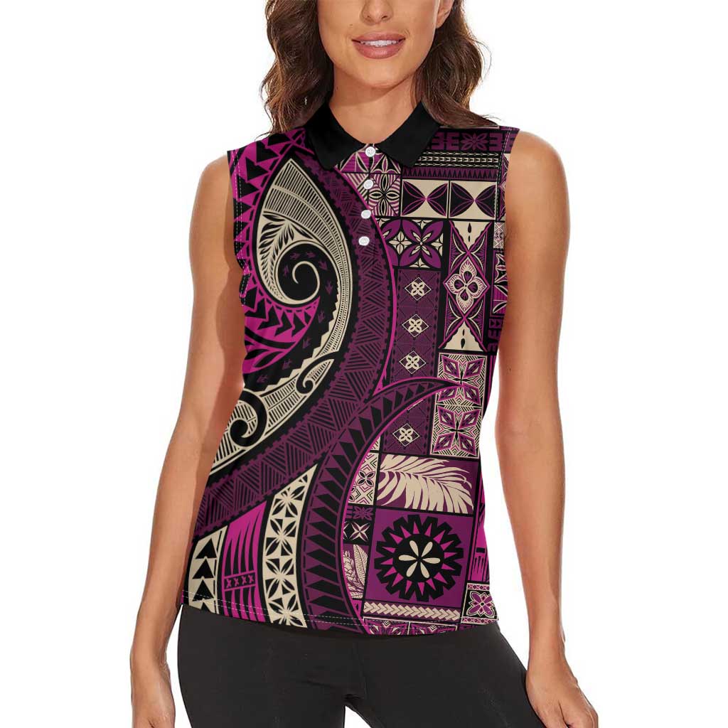 Vintage Samoa Siapo Mamanu Women Sleeveless Polo Shirt Pink Samoan Tapa Motif LT9 - Polynesian Pride