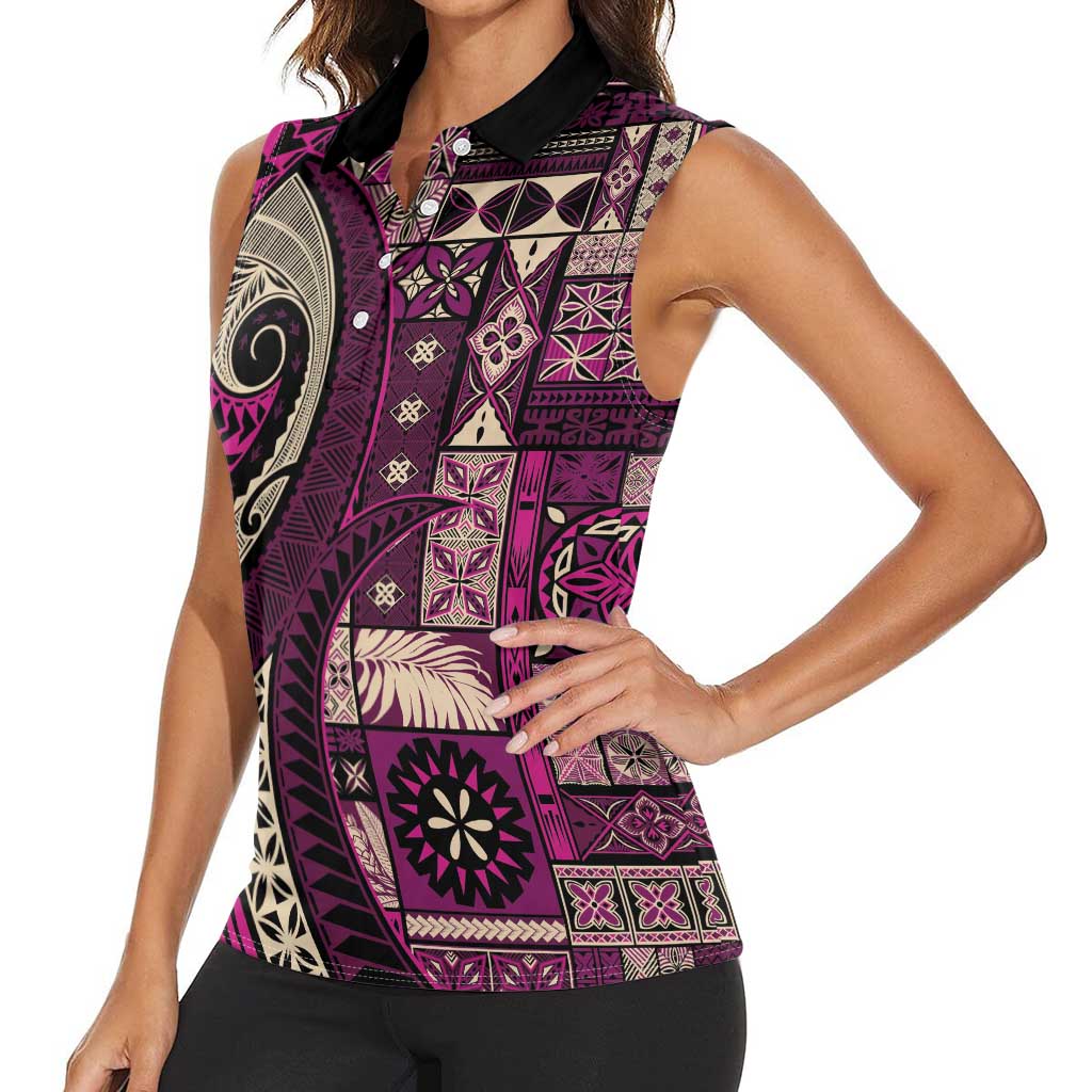 Vintage Samoa Siapo Mamanu Women Sleeveless Polo Shirt Pink Samoan Tapa Motif LT9 - Polynesian Pride