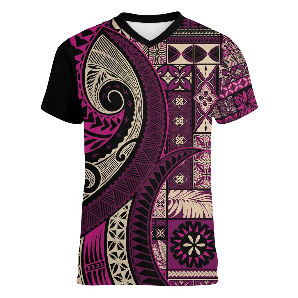 Vintage Samoa Siapo Mamanu Women V-Neck T-Shirt Pink Samoan Tapa Motif - Polynesian Pride