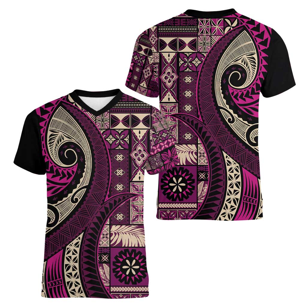 Vintage Samoa Siapo Mamanu Women V-Neck T-Shirt Pink Samoan Tapa Motif LT9 - Polynesian Pride