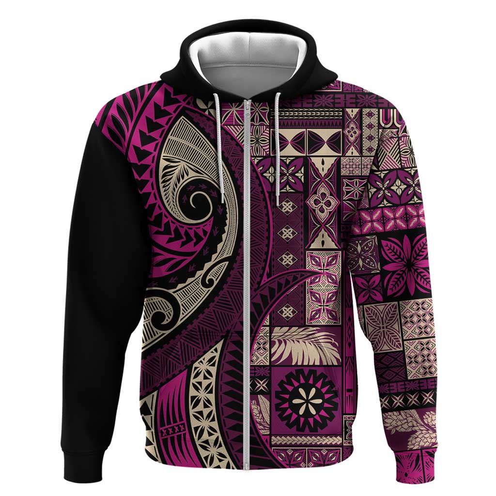 Vintage Samoa Siapo Mamanu Zip Hoodie Pink Samoan Tapa Motif - Polynesian Pride