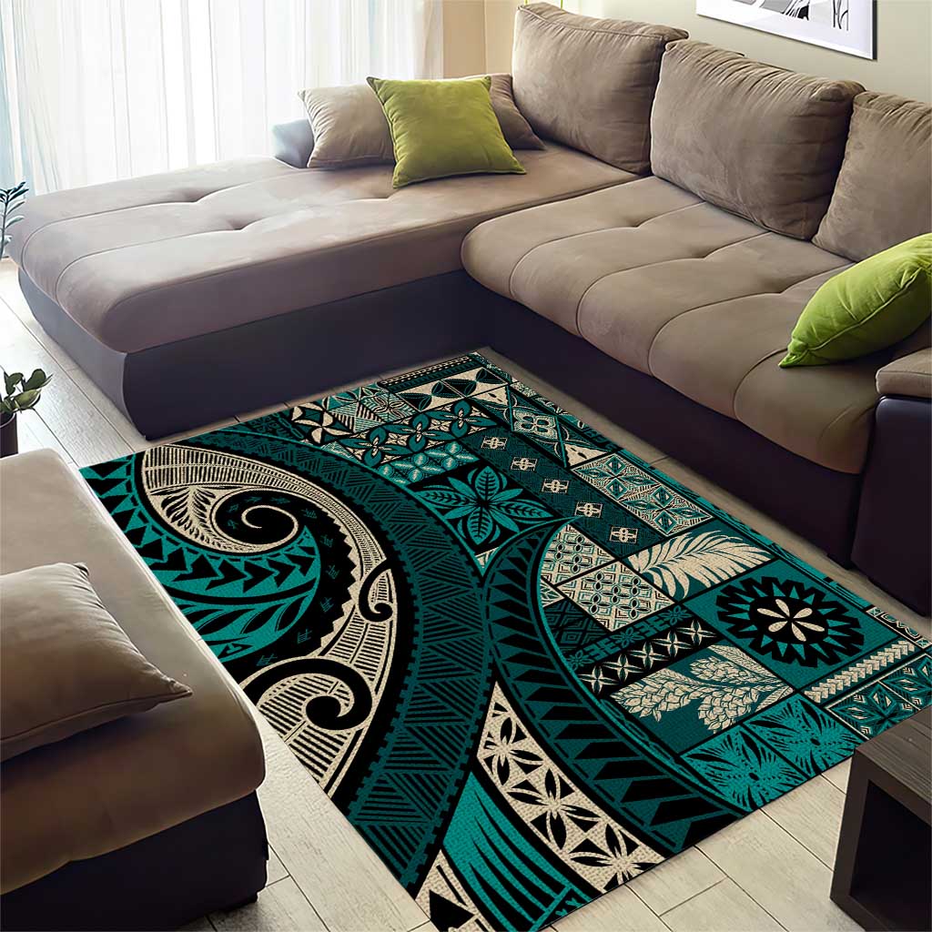Vintage Samoa Siapo Mamanu Area Rug Teal Samoan Tapa Motif - Polynesian Pride