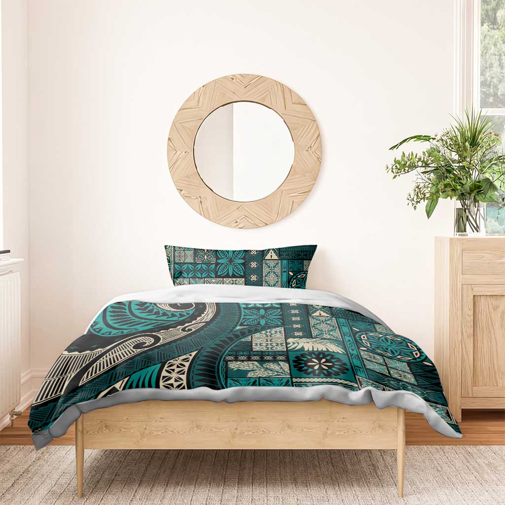 Vintage Samoa Siapo Mamanu Bedding Set Teal Samoan Tapa Motif - Polynesian Pride