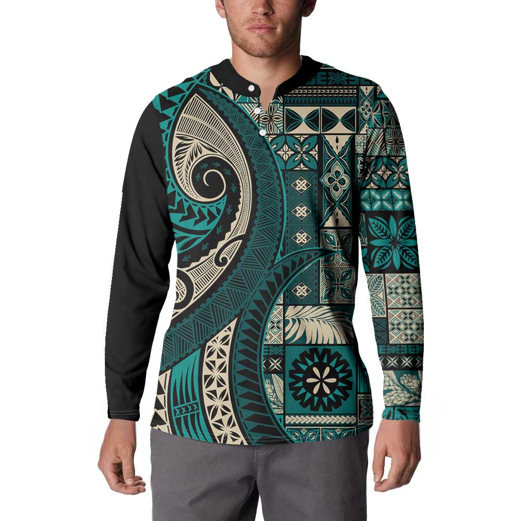 Vintage Samoa Siapo Mamanu Button Sweatshirt Teal Samoan Tapa Motif - Polynesian Pride