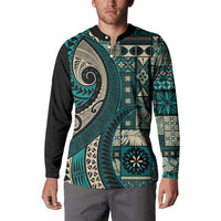 Vintage Samoa Siapo Mamanu Button Sweatshirt Teal Samoan Tapa Motif - Polynesian Pride