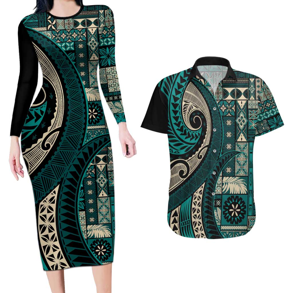 Vintage Samoa Siapo Mamanu Couples Matching Long Sleeve Bodycon Dress and Hawaiian Shirt Teal Samoan Tapa Motif LT9 Teal - Polynesian Pride