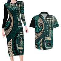 Vintage Samoa Siapo Mamanu Couples Matching Long Sleeve Bodycon Dress and Hawaiian Shirt Teal Samoan Tapa Motif LT9 Teal - Polynesian Pride