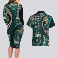 Vintage Samoa Siapo Mamanu Couples Matching Long Sleeve Bodycon Dress and Hawaiian Shirt Teal Samoan Tapa Motif LT9 - Polynesian Pride