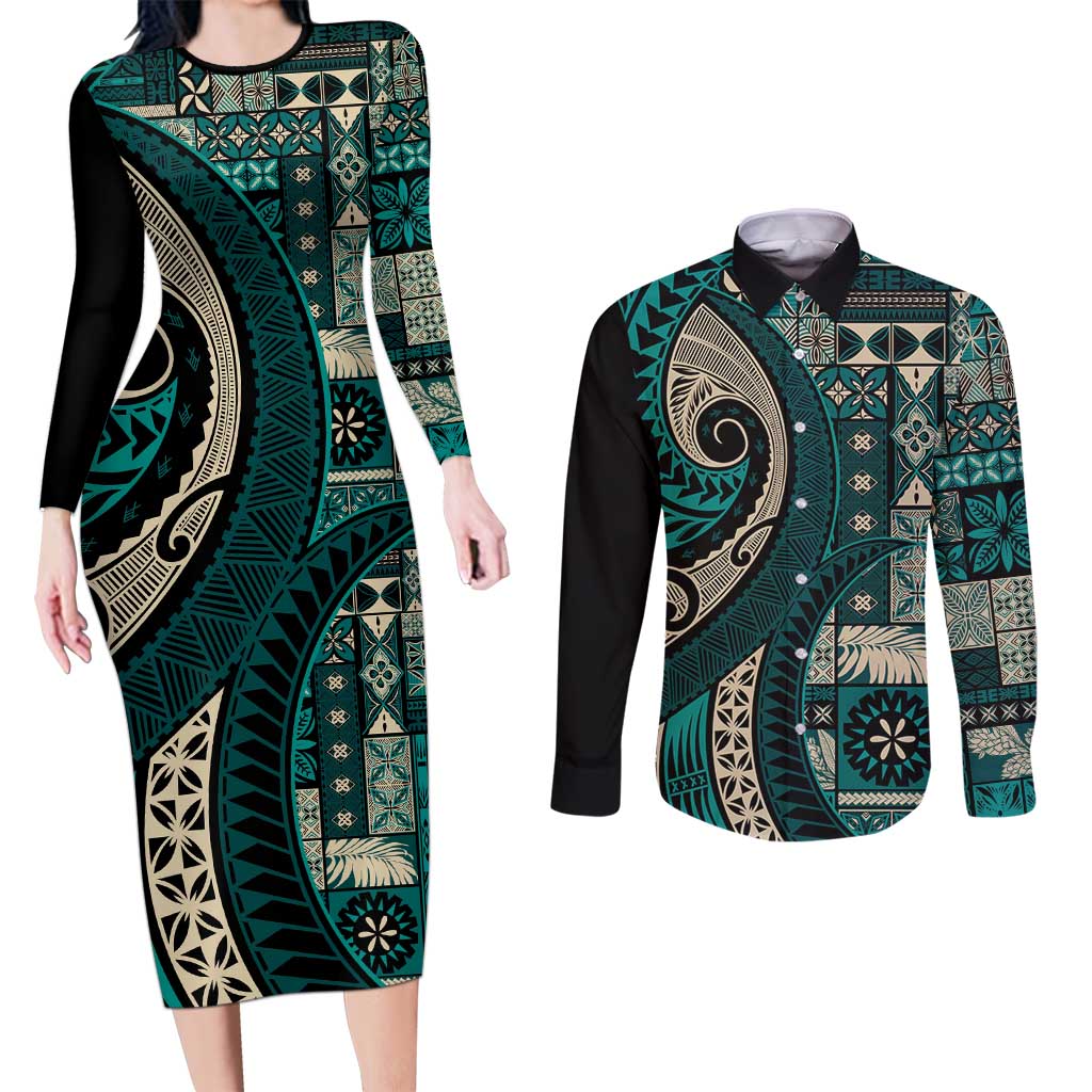 Vintage Samoa Siapo Mamanu Couples Matching Long Sleeve Bodycon Dress and Long Sleeve Button Shirt Teal Samoan Tapa Motif - Polynesian Pride