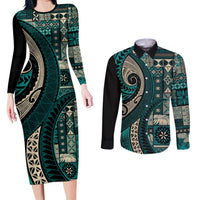 Vintage Samoa Siapo Mamanu Couples Matching Long Sleeve Bodycon Dress and Long Sleeve Button Shirt Teal Samoan Tapa Motif LT9 Teal - Polynesian Pride
