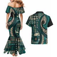 Vintage Samoa Siapo Mamanu Couples Matching Mermaid Dress and Hawaiian Shirt Teal Samoan Tapa Motif LT9 - Polynesian Pride
