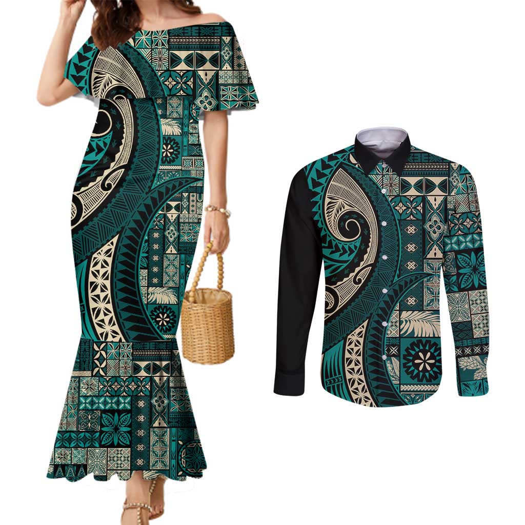 Vintage Samoa Siapo Mamanu Couples Matching Mermaid Dress and Long Sleeve Button Shirt Teal Samoan Tapa Motif - Polynesian Pride