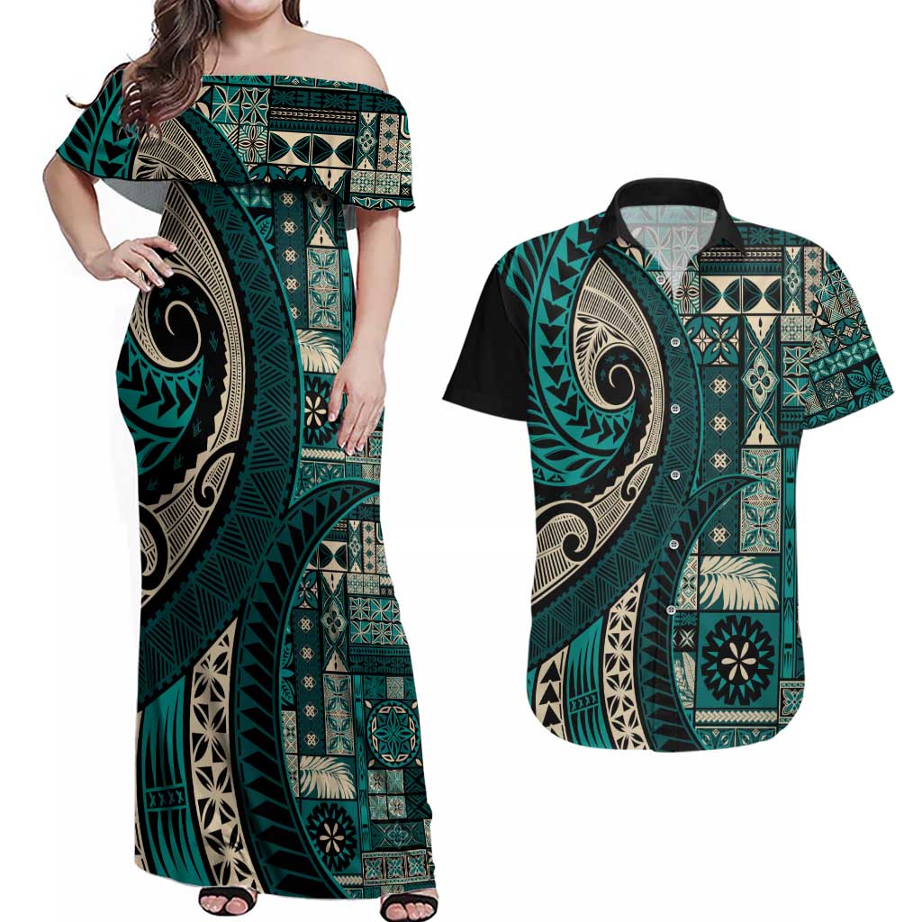Vintage Samoa Siapo Mamanu Couples Matching Off Shoulder Maxi Dress and Hawaiian Shirt Teal Samoan Tapa Motif LT9 Teal - Polynesian Pride