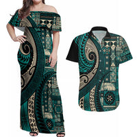 Vintage Samoa Siapo Mamanu Couples Matching Off Shoulder Maxi Dress and Hawaiian Shirt Teal Samoan Tapa Motif LT9 Teal - Polynesian Pride