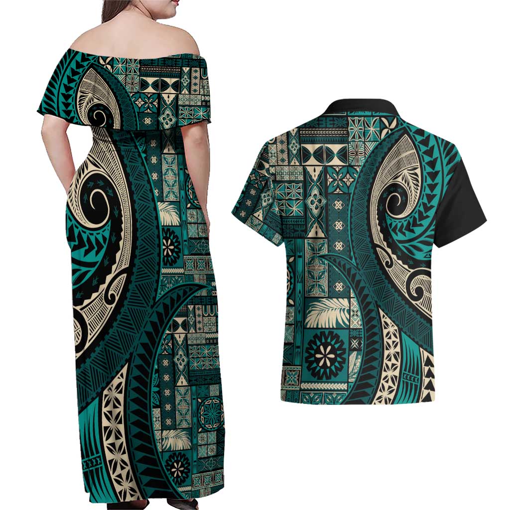 Vintage Samoa Siapo Mamanu Couples Matching Off Shoulder Maxi Dress and Hawaiian Shirt Teal Samoan Tapa Motif LT9 - Polynesian Pride