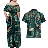 Vintage Samoa Siapo Mamanu Couples Matching Off Shoulder Maxi Dress and Hawaiian Shirt Teal Samoan Tapa Motif LT9 - Polynesian Pride