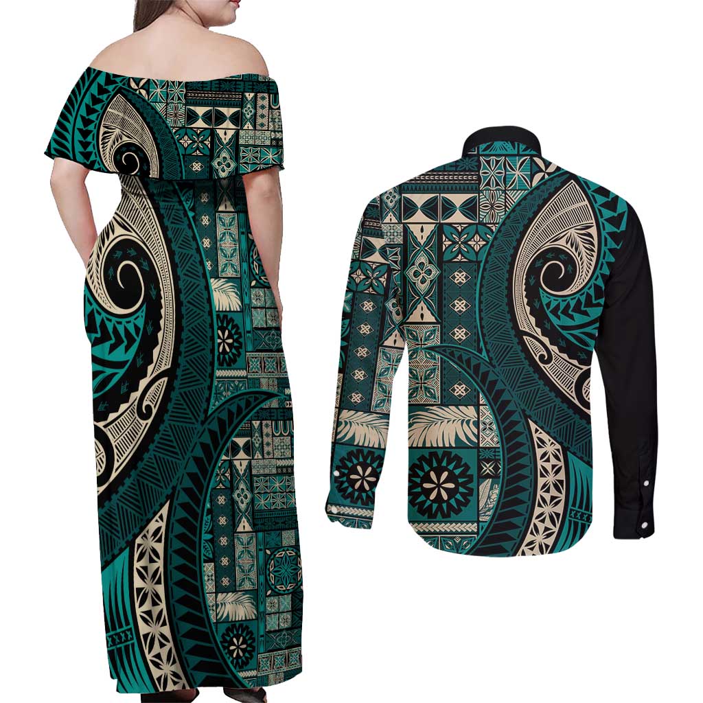 Vintage Samoa Siapo Mamanu Couples Matching Off Shoulder Maxi Dress and Long Sleeve Button Shirt Teal Samoan Tapa Motif LT9 - Polynesian Pride