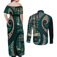 Vintage Samoa Siapo Mamanu Couples Matching Off Shoulder Maxi Dress and Long Sleeve Button Shirt Teal Samoan Tapa Motif LT9 - Polynesian Pride