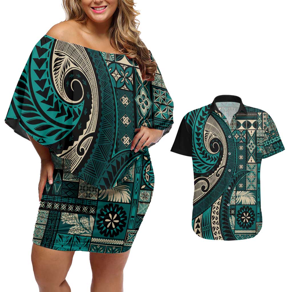 Vintage Samoa Siapo Mamanu Couples Matching Off Shoulder Short Dress and Hawaiian Shirt Teal Samoan Tapa Motif LT9 Teal - Polynesian Pride