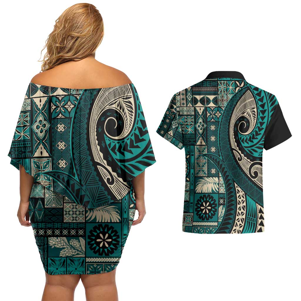 Vintage Samoa Siapo Mamanu Couples Matching Off Shoulder Short Dress and Hawaiian Shirt Teal Samoan Tapa Motif LT9 - Polynesian Pride
