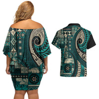 Vintage Samoa Siapo Mamanu Couples Matching Off Shoulder Short Dress and Hawaiian Shirt Teal Samoan Tapa Motif LT9 - Polynesian Pride