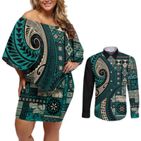 Vintage Samoa Siapo Mamanu Couples Matching Off Shoulder Short Dress and Long Sleeve Button Shirt Teal Samoan Tapa Motif LT9 Teal - Polynesian Pride