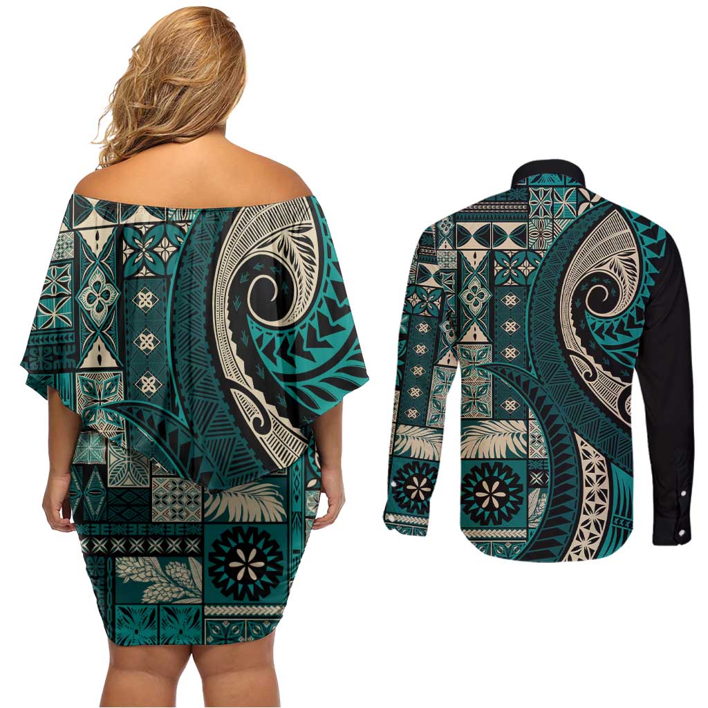 Vintage Samoa Siapo Mamanu Couples Matching Off Shoulder Short Dress and Long Sleeve Button Shirt Teal Samoan Tapa Motif LT9 - Polynesian Pride