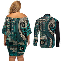 Vintage Samoa Siapo Mamanu Couples Matching Off Shoulder Short Dress and Long Sleeve Button Shirt Teal Samoan Tapa Motif LT9 - Polynesian Pride