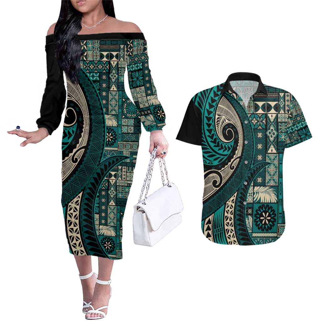 Vintage Samoa Siapo Mamanu Couples Matching Off The Shoulder Long Sleeve Dress and Hawaiian Shirt Teal Samoan Tapa Motif LT9 Teal - Polynesian Pride