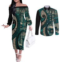 Vintage Samoa Siapo Mamanu Couples Matching Off The Shoulder Long Sleeve Dress and Long Sleeve Button Shirt Teal Samoan Tapa Motif LT9 Teal - Polynesian Pride