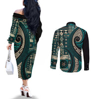 Vintage Samoa Siapo Mamanu Couples Matching Off The Shoulder Long Sleeve Dress and Long Sleeve Button Shirt Teal Samoan Tapa Motif LT9 - Polynesian Pride