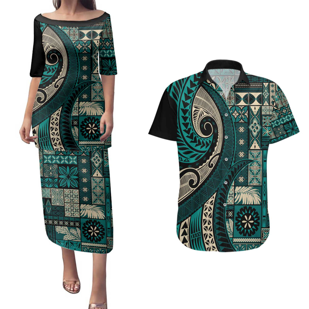 Vintage Samoa Siapo Mamanu Couples Matching Puletasi and Hawaiian Shirt Teal Samoan Tapa Motif LT9 Teal - Polynesian Pride