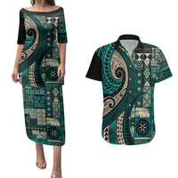 Vintage Samoa Siapo Mamanu Couples Matching Puletasi and Hawaiian Shirt Teal Samoan Tapa Motif LT9 Teal - Polynesian Pride