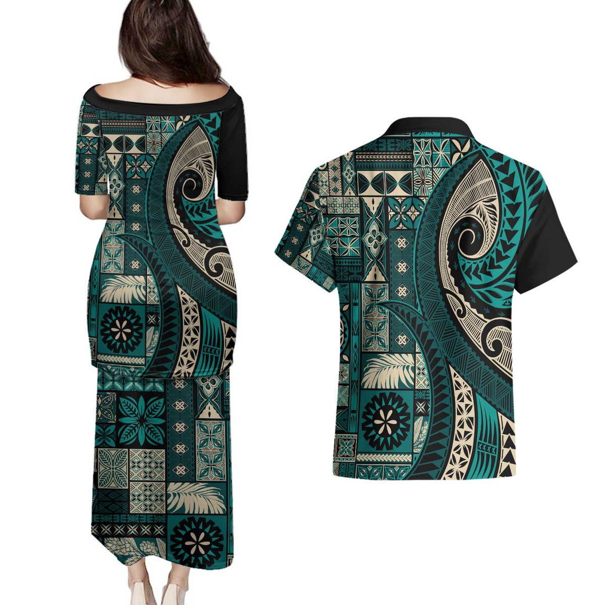 Vintage Samoa Siapo Mamanu Couples Matching Puletasi and Hawaiian Shirt Teal Samoan Tapa Motif LT9 - Polynesian Pride