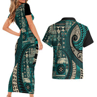 Vintage Samoa Siapo Mamanu Couples Matching Short Sleeve Bodycon Dress and Hawaiian Shirt Teal Samoan Tapa Motif LT9 - Polynesian Pride
