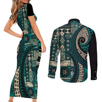 Vintage Samoa Siapo Mamanu Couples Matching Short Sleeve Bodycon Dress and Long Sleeve Button Shirt Teal Samoan Tapa Motif LT9 - Polynesian Pride