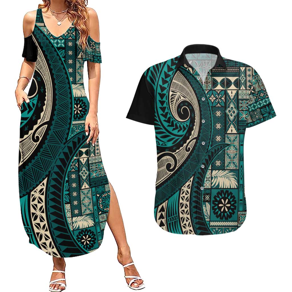 Vintage Samoa Siapo Mamanu Couples Matching Summer Maxi Dress and Hawaiian Shirt Teal Samoan Tapa Motif LT9 Teal - Polynesian Pride